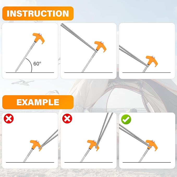 18 Tent Stakes Heavy Duty Metal Tent Stakes Screw in Camping Stakes with Luminous Head Ground Anchor Pegs Threaded Tent Spikes with Hex Head Driver and Storage Box, Orange