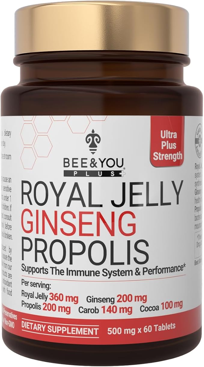 Bee and You Royal Jelly with Ginseng Tablet, Propolis Extract, 60ct, 100% Natural Superfood, Ultra Pure, Immune Support Supplement, Antioxidants, Keto, Paleo, Gluten-Free