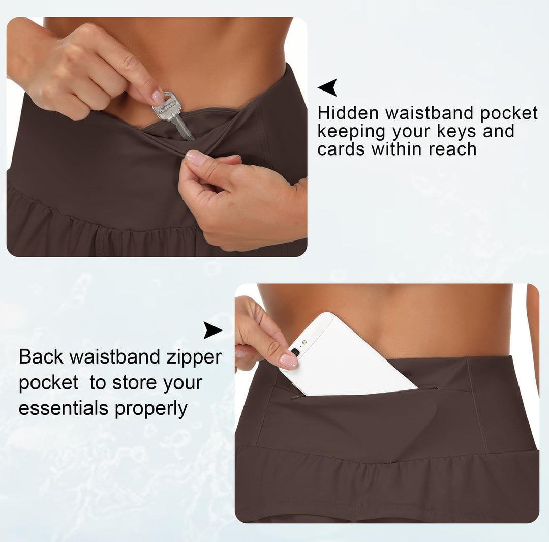 THE GYM PEOPLE Womens High Waisted Running Shorts Quick Dry Athletic Workout Shorts with Mesh Liner Zipper Pockets Brown