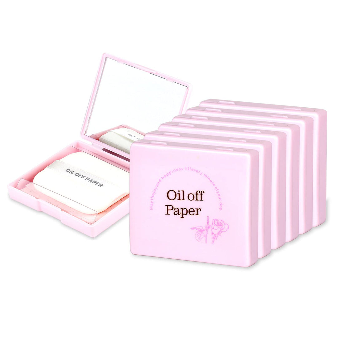 480Pcs/6Boxs Oil Absorbing Sheets for Face, Face Oil Blotting Sheets with Portable Mirror Case & Makeup Puff (80 sheets/set), Natural Soft Hemp Oil Off Paper for Home Office Travel (Rose * 6 Pack)