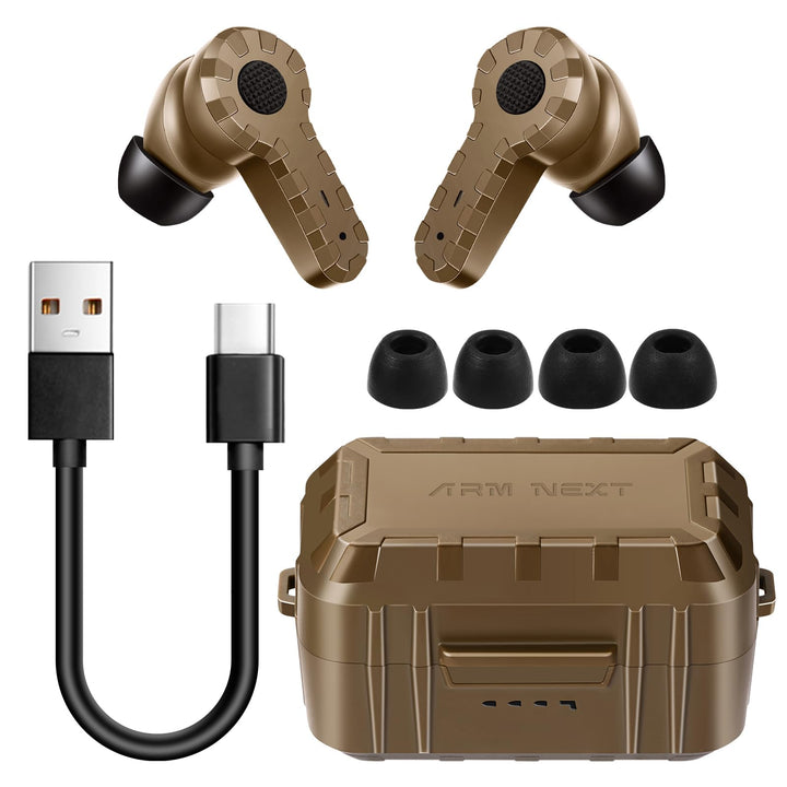 ARM NEXT Electronic Bluetooth Sound Suppression Ear Hearing Protection, NRR 27dB Wireless Earplug with Rechargeable Case, in-Ear Gun Sound Amplification Earbud for Shooting, Hunting and Range (Brown)