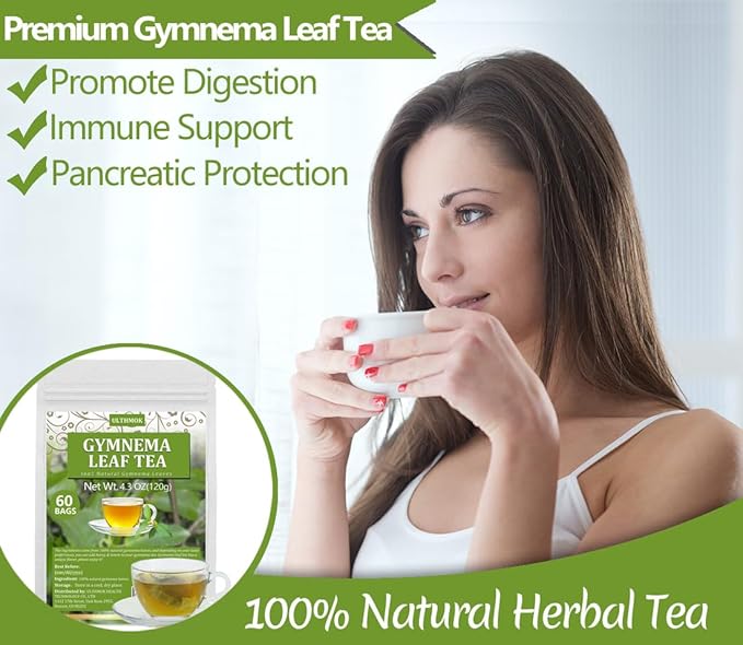 Premium 60 Gymnema Leaf Tea Bags, Made with 100% Natural Gymnema Leaves, for Diabetics, No Additives & Caffeine Free & Sugar Free.