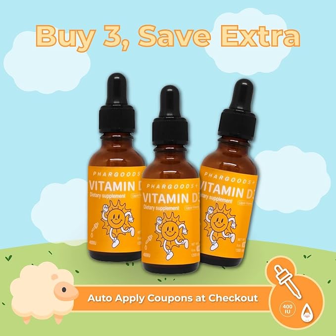Baby Vitamin D3 Drops-400IU per Drop-1200 Servings-Safe for Newborns&Kids-Supports Immune&Bone Health-30ml