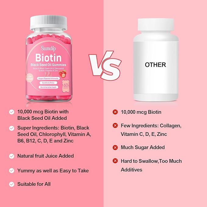 Black Seed Oil Gummies with Biotin, Immune Support Healthy Hair&Skin&Nails for Women and Men, Chlorophyll, Zinc, Vitamin A, B6, B12, C, D, E, Vegan Supplement - 60 Gummies