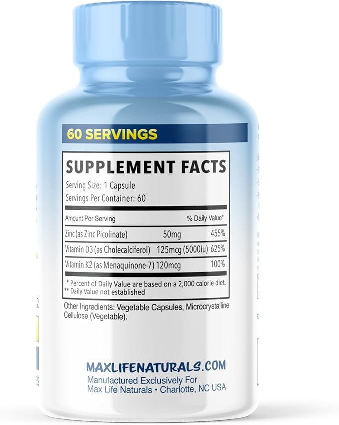 Zinc Picolinate 50mg with Vitamin K2 MK-7 + Vitamin D3 5000 IU, Zinc 50mg with 120mcg Vitamin K2 as MK7, Non-GMO Zinc Supplements Easy to Swallow Alternative to Lozenge, Chewable Tablets, Liquid Zinc