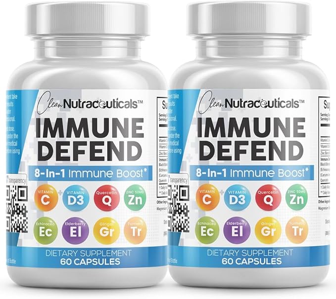 Immune Defense Support Supplement 8 in 1 w/ Zinc 50mg Quercetin, Vit C 1000mg, Vitamin D3 5000 IU, Elderberry, Turmeric Curcumin, Ginger, Echinacea - Immunity System Booster Adults Vegan - 60Ct (2)