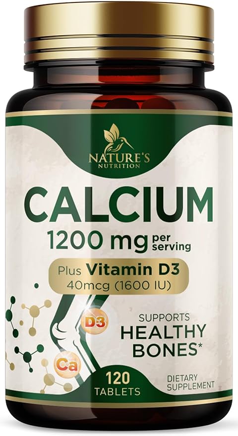 Calcium 1200 mg with Vitamin D3, Calcium Supplement Vitamins, Supports Bone Strength, Teeth & Immune System, Calcium Supplements for Women & Men, Nature's Absorbable Calcium Carbonate - 120 Tablets