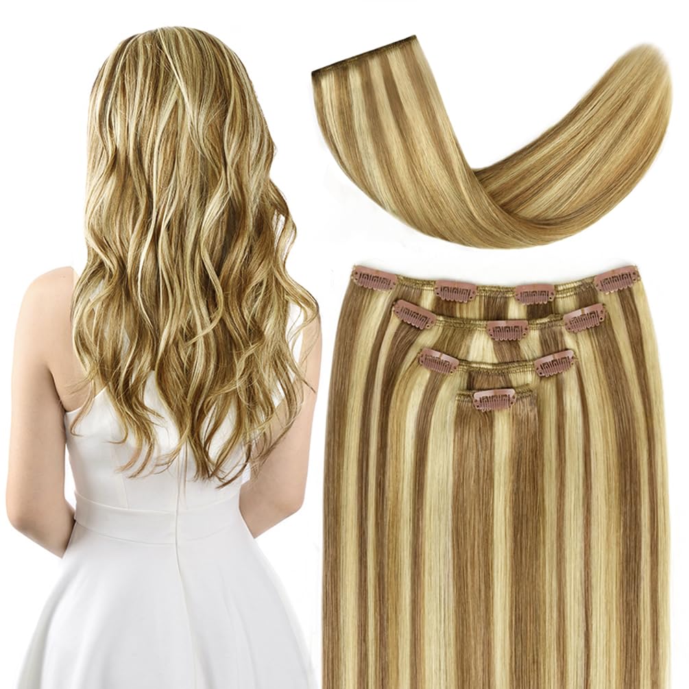 22'' Clip In Hair Extensions Remy Human Hair For Women - Silky Straight Human Hair Clip In Extensions 90Grams 4Pieces #12-613 Co