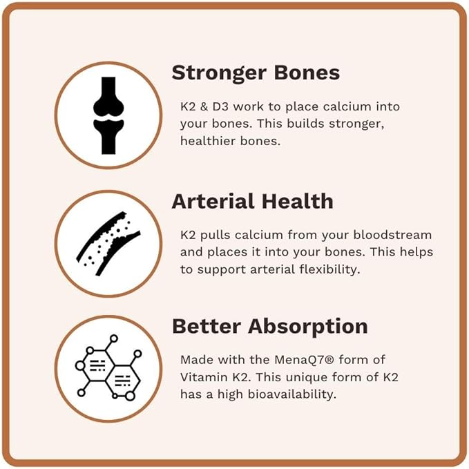 Vitamin K2 + D3 | High Dose K2 | 45 mcg of MenaQ7 Form of K2 | 5,000 IU D3 Cholecalciferol Form | Made in USA | 60 Servings