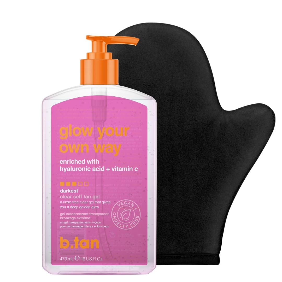 b.tan Best Clear Self Tanning Gel with Mitt | Glow Your Own Way Bundle - Quick Express Tanner Gel for Face and Body with Applica