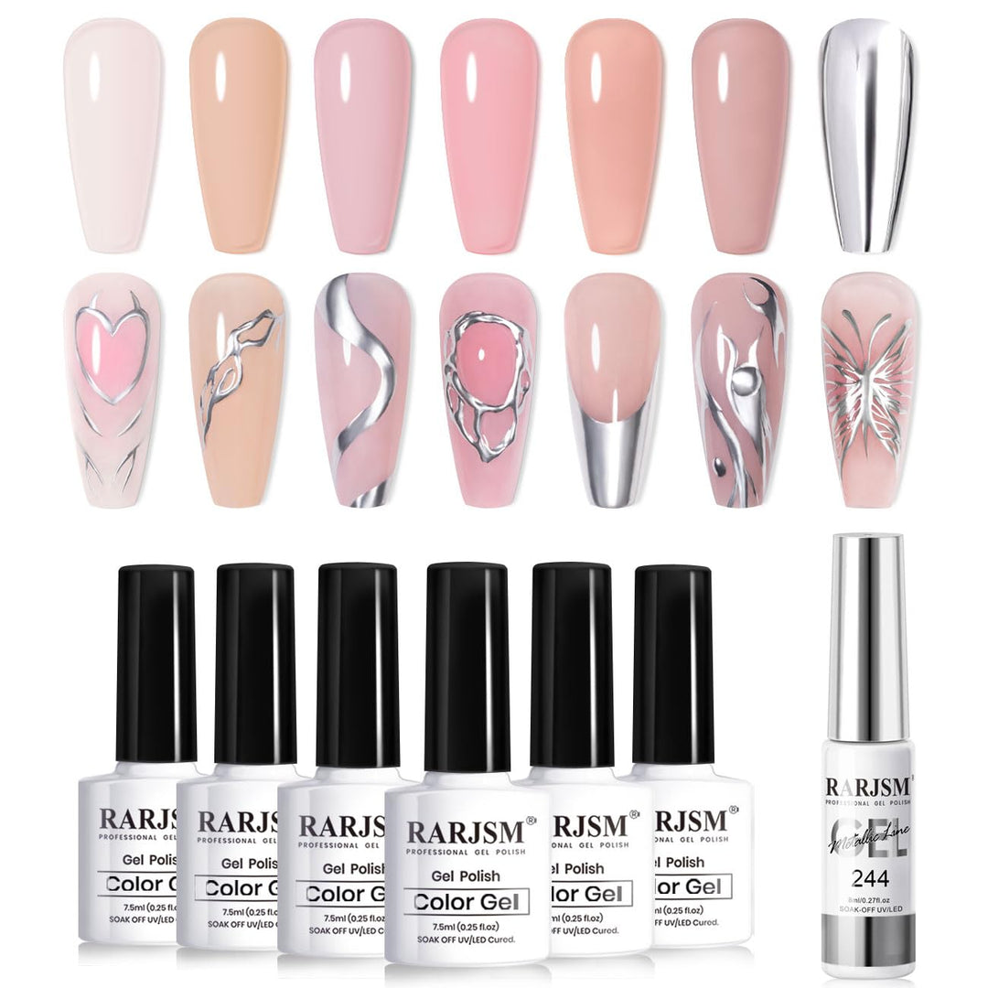 RARJSM Nude Gel Nail Polish Set - 6 Colors with Metallic Silver Chrome Liner, Sheer Jelly Gray, Pale Rose, Apricot, Pink Gel Polish, Transparent French Manicure Neutral Varnish, LED UV Curing Required