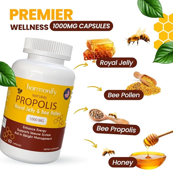 Bee Pollen Propolis Royal Jelly Extract with Carob, Pure Immune Support Supplement, Gluten-Free, Vegetarian Capsules, 1000 mg