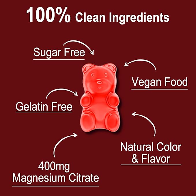 Magnesium Citrate Gummies, High Absorption Magnesium Gummies for Adults, Muscle & Teeth Support, 60 Vegan Natural Raspberry Gummies