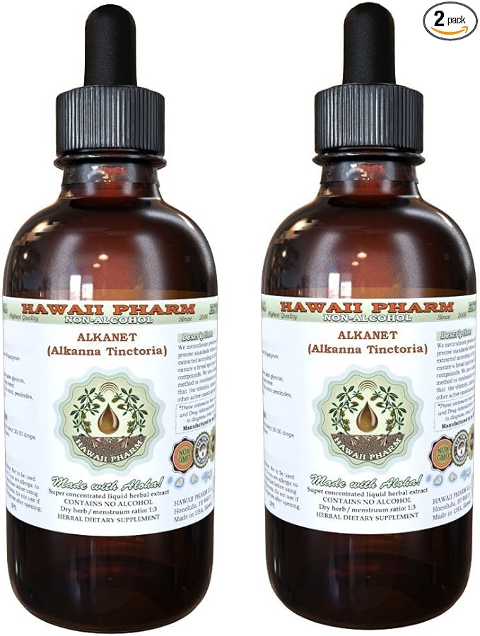 Alkanet Alcohol-Free Liquid Extract, Alkanet (Alkanna Tinctoria) Dried Root Glycerite Hawaii Pharm Natural Herbal Supplement 2x2 oz