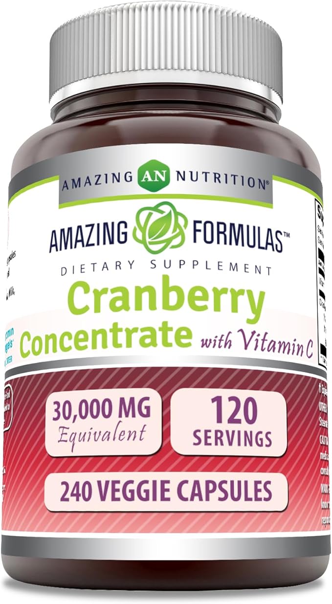 Amazing Formulas Cranberry Concentrate 30,000 mg with Vitamin C Supplement | Veggie Capsules | Super Strength | Non-GMO | Gluten Free | Made in USA (1 Pack, 240 Count)
