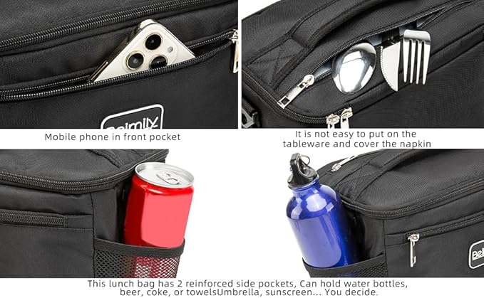 BEIMILY Lunch Bag for Women/Men,Reusable Lunch Box Small Cooler Bag Soft Sided,Leakproof Cooler Bag for Office Work Picnic Beach with Adjustable Shoulder Strap (deep Black), 2311A