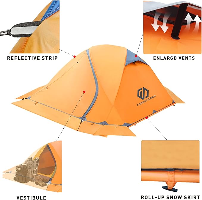2 Person Camping Tent with 3 Aluminum Alloy Poles, 4 or 3 Season Waterproof Tent, Double Layer,Easy Setup, 2 Doors for Outdoor Hiking,Mountaineering,Survival,Travel