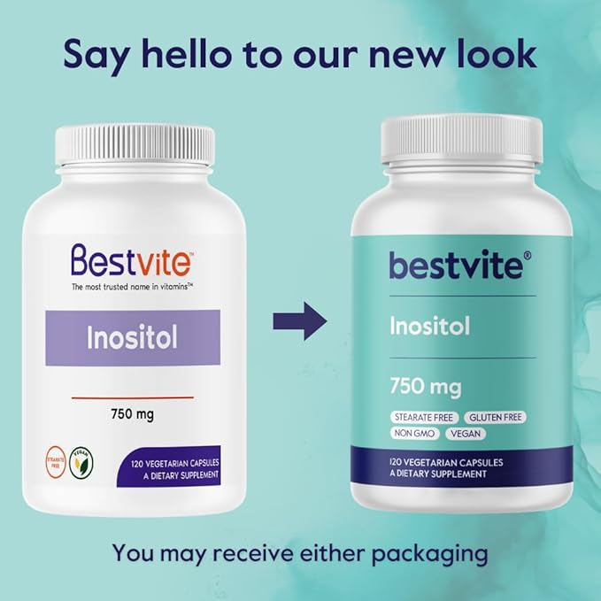 BESTVITE Inositol 750 mg as Myo Inositol (120 Vegetarian Capsules) - No Stearates - Vegan - Non GMO - Gluten Free