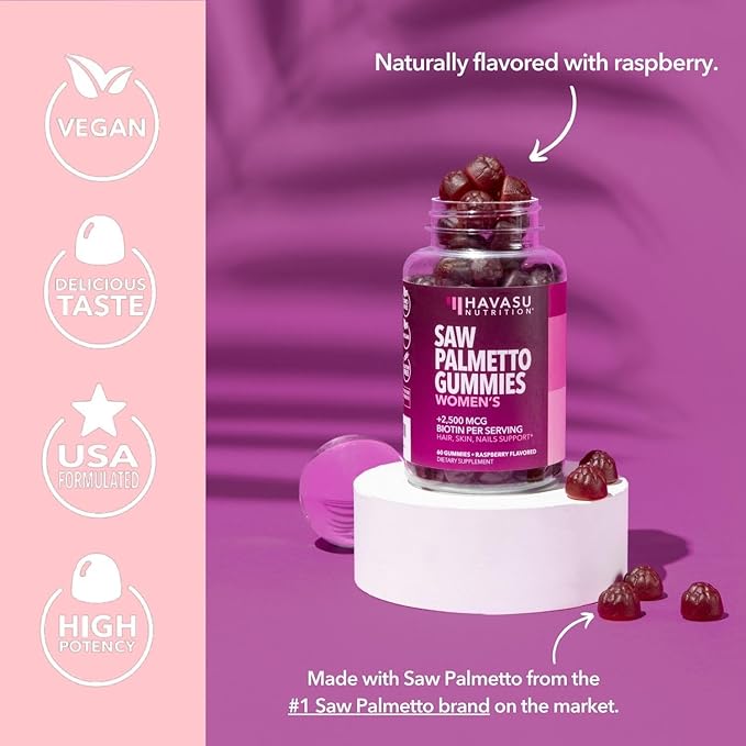 Saw Palmetto for Women with 2500mcg Biotin - DHT Blocker and Hair, Skin, Nail Health Gummies - 60 Count - Supports Stronger and Fuller Looking Locks and Radiant Skin - Vegan, Non-GMO, 1 Month Supply