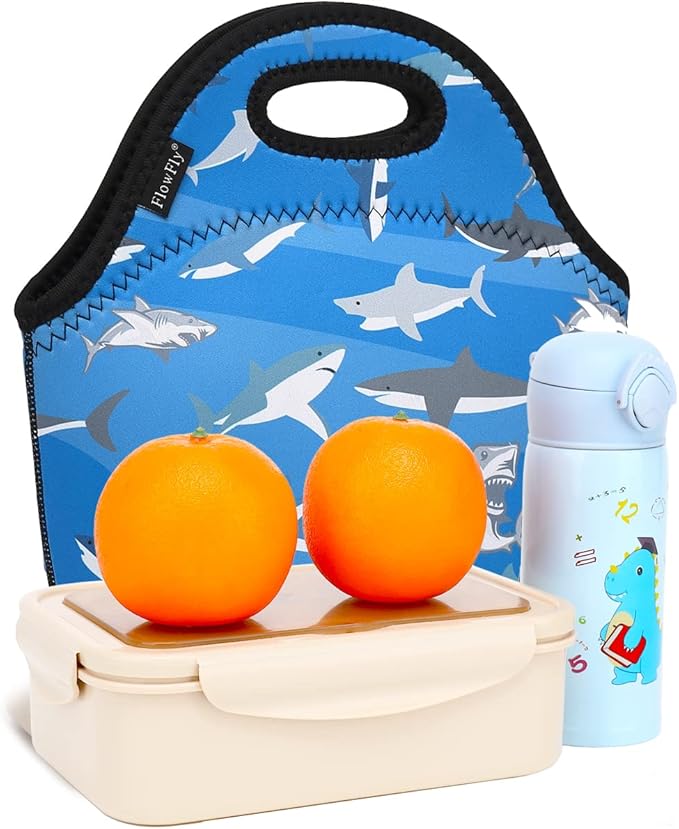 FlowFly Neoprene Kids Lunch box Insulated Soft Bag Mini Cooler Thermal Meal Tote Kit for Boys, Girls,Men,Women,School,Work, Office, Shark