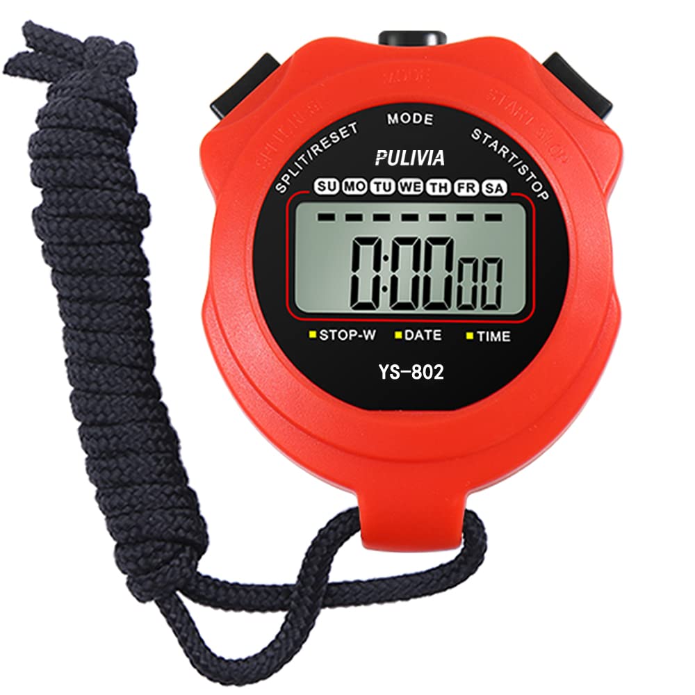 PULIVIA Sports Stopwatch Timer Single Lap Split Digital Stopwatch for Coaches Shockproof Stopwatch Timer for Swimming Running Sport Training, Red