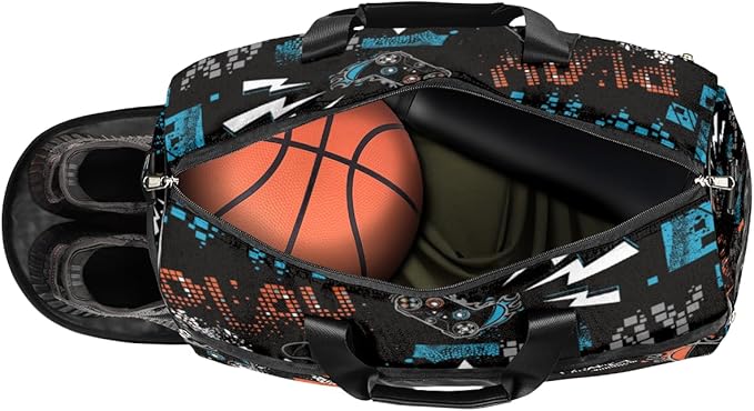 Joystick Game Dry Wet Depart Duffle Overnight Bag with Shoes Compartment & Wet Pockets, Doodle Water Resistant Weekender Travel Gym Pouch For Swim Gymnastics Ballet Sleepovers