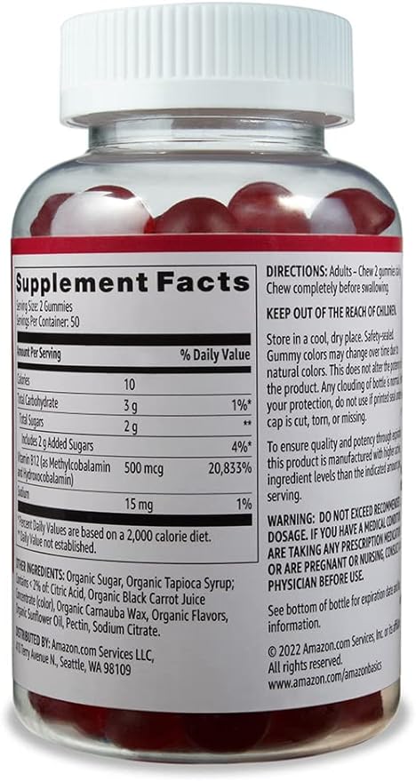 Amazon Basics Vitamin B12 500 mcg Gummies - Normal Energy Production and Metabolism, Immune System Support, Raspberry, 100 Count (2 per Serving) (Previously Solimo) (Pack of 2)