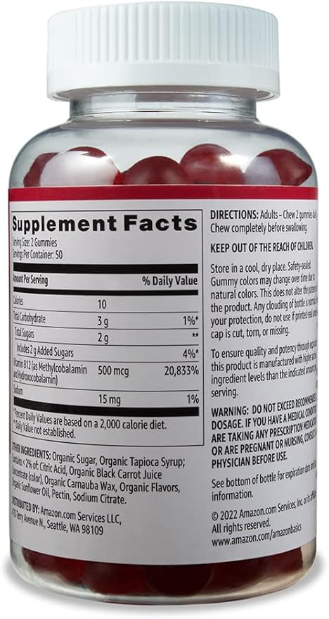 Amazon Basics Vitamin B12 500 mcg Gummies - Normal Energy Production and Metabolism, Immune System Support, Raspberry, 100 Count (2 per Serving) (Previously Solimo)