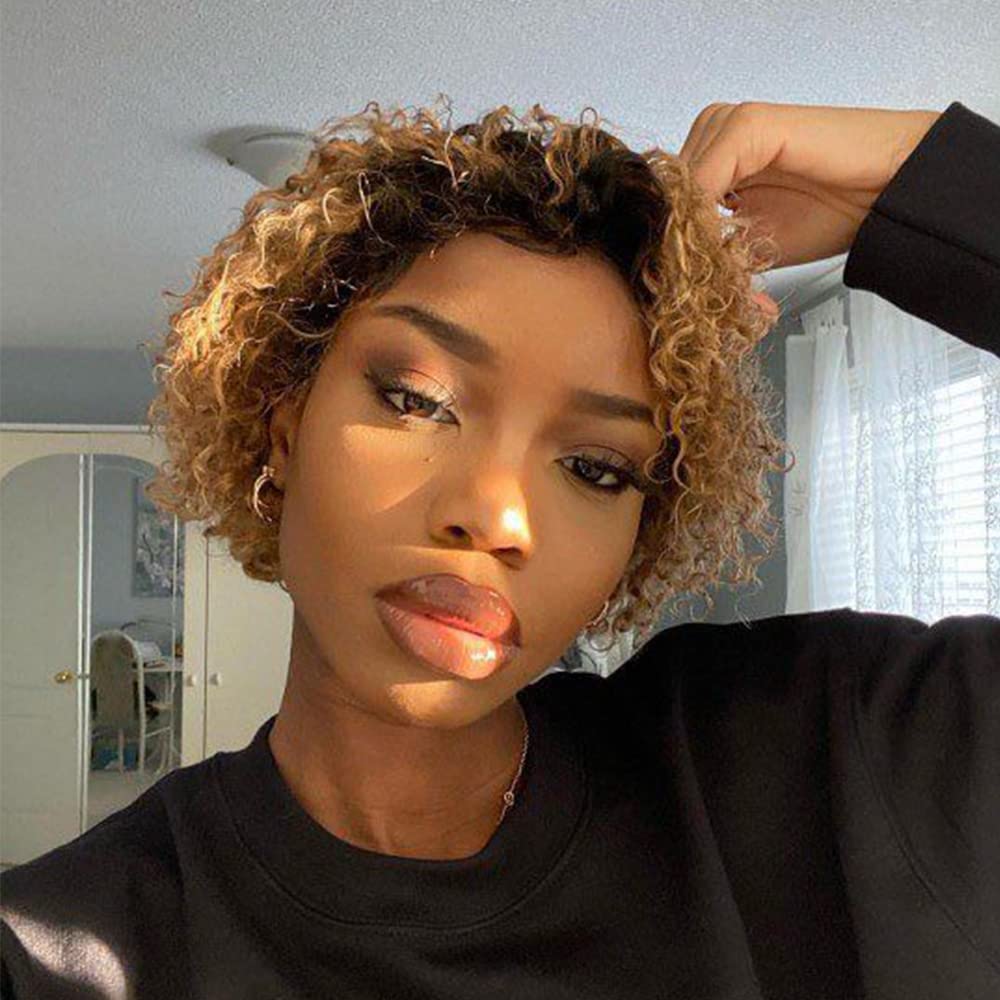 Ali Bling T27 Pixie Cut Wig 13X1 Short Curly Human Hair Wig Pixie Wigs For Black Women Human Hair 1B/T27 Glueless Wigs Human Hai