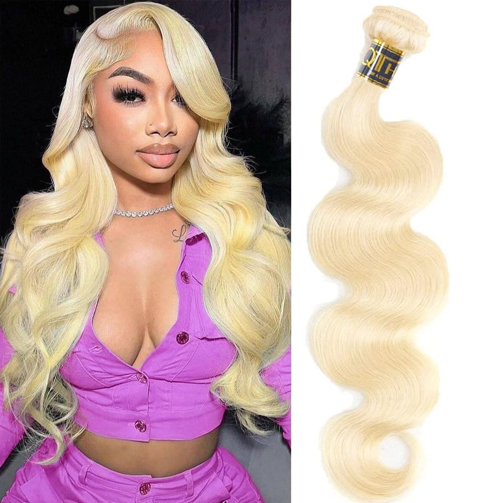 Qthair Body Wave Human Hair Blonde Bundles 14A Grade 100% Brazilian Human Hair Color #613 Platinum Blonde 14'' Light Blonde Colo