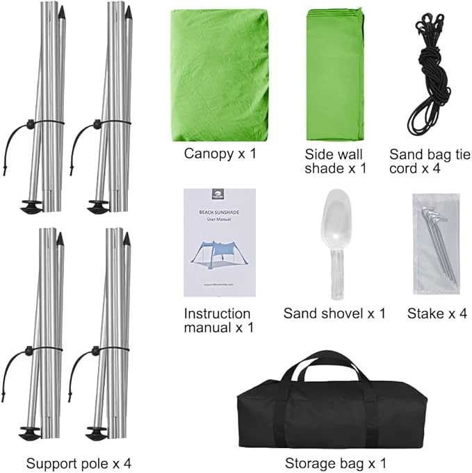 Beach Canopy Tent Shade with Sidewalls 10x10FT, 6.6FT Tall, UPF50+ Sun Shelter, Windproof & Water Resistant, Includes Guylines Sand Shovel Stability Poles, Easy Up for Beach Outdoor Camping Backyard