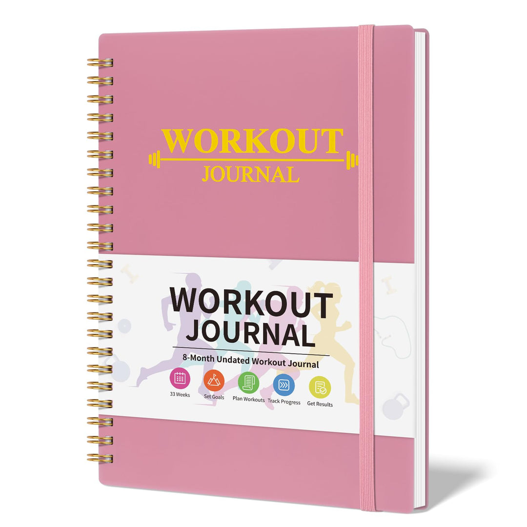 Fitness Workout Journal for Women & Men, A5 Hardcover Workout Log Book & Gym Exercise Planner With Progress Tracker, Goals, Calendar, 5.8" x 8.4" - Pink