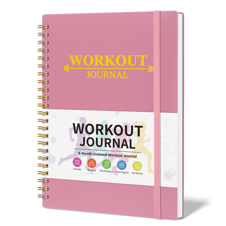 Fitness Workout Journal for Women & Men, A5 Hardcover Workout Log Book & Gym Exercise Planner With Progress Tracker, Goals, Calendar, 5.8" x 8.4" - Pink
