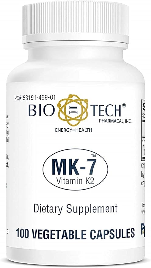 Bio-Tech Pharmacal MK-7 (Vitamin K2), 100 Vegetable Capsules – All-Natural Supplement – Supports Cardiovascular & Bone Health – No Dairy, Fish, Gluten, Peanut, Shellfish, GMOs, Kosher, Halal, & Soy –