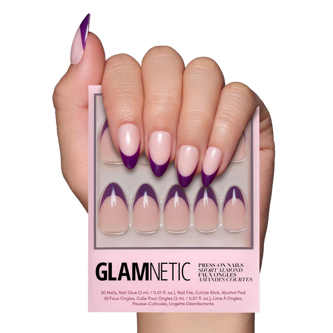 Glamnetic Press On Nails - Plum | Semi-Transparent Dark Plum Purple French Tip Short Almond False Nails, Reusable Stick On Fake Nails with Glue | Salon Quality | 15 Sizes - 30 Nail Kit