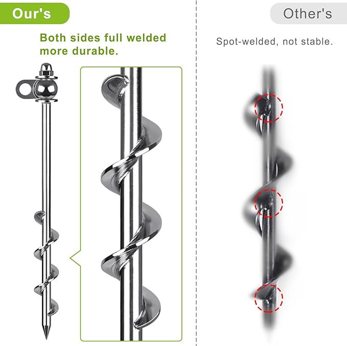 4 Pack Tent Stakes, 16 Inch Heavy Duty Ground Anchors, Full Welding, Easy to Screw in and Reusable, for Camping Tents, Trampolines, Sheds, Swing Sets, Securing Animals