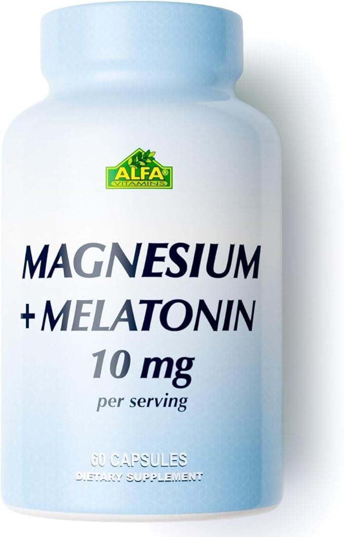 Magnesium Plus Melatonin 10 mg Sleep Supplement by Alfa Vitamins for Sleep Improvement and Relaxation, 60 Capsules