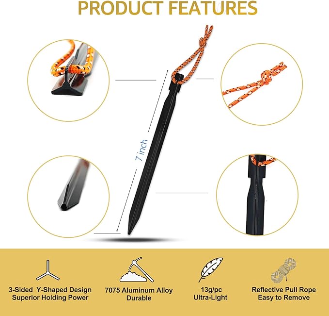 15Pack Tent Stakes, 7075 Aluminum Tent Stakes Heavy Duty, Metal Stakes with Pull Rope, Lightweight Tent Pegs for Backpacking, Durable Camping Tent Accessories, Black