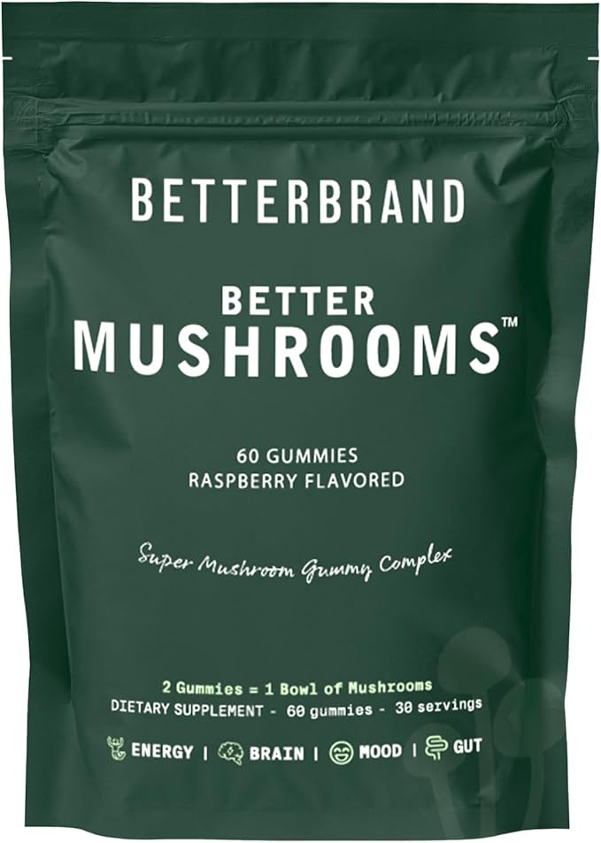 Betterbrand BetterMushrooms Mushroom Gummies to Support Gut Health, Metabolism, Energy, Focus - Lion's Mane, Cordyceps, Chaga & Maitake Mushroom Supplement - Maintains Healthy Immune System