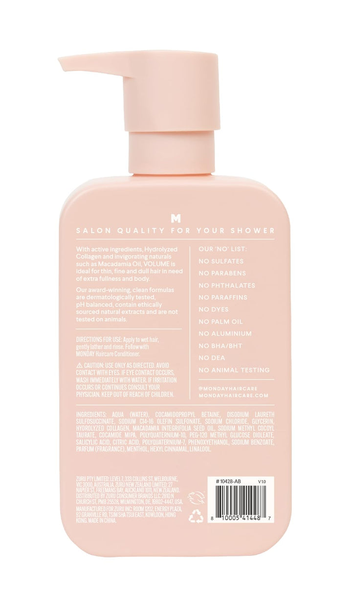 MONDAY Haircare Volume Shampoo 12oz for Thin, Fine, and Oily Hair, Made from Coconut Oil, Ginger Extract, & Vitamin E, 100% Recyclable Bottles (354ml), Pink (10428)