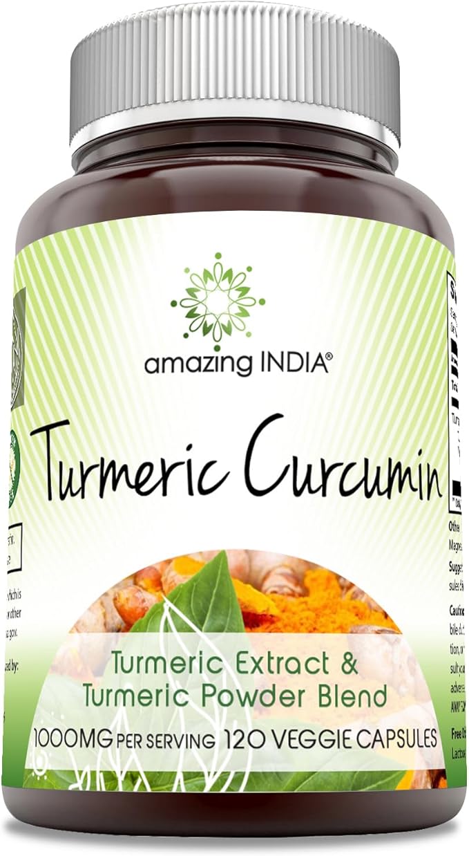 Amazing India Turmeric Curcumin 1000 Mg Per Serving | 120 Veggie Capsules Supplement | Blend of Turmeric Powder & Turmeric Extract | Non-GMO | Gluten Free | Made in USA