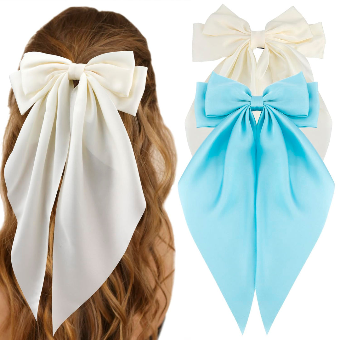 Atoden Silky Satin Oversized Long Tail Hair Accessories - 2Pcs Beige Blue Big Bowknot Barrettes With Metal Clips For Women Girls