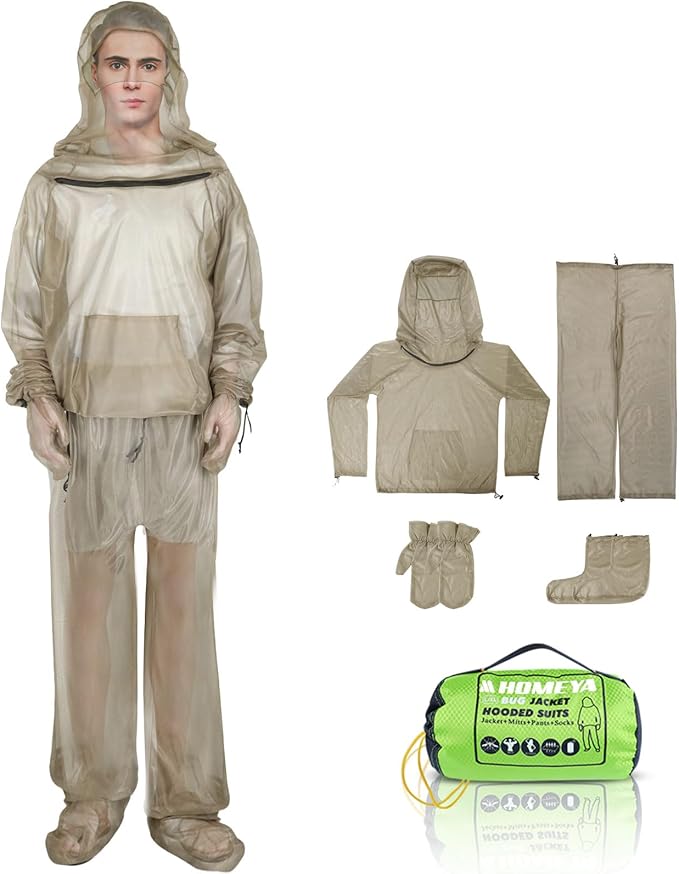 4-Piece Net Suit S/M, Full Body Jacket with Zippered Hood, Pants, Gloves & Foot Covers, Thickened Breathable Mesh, Adjustable Fit for Men & Women, Lightweight for Outdoor, Camping, Fishing & Gardening