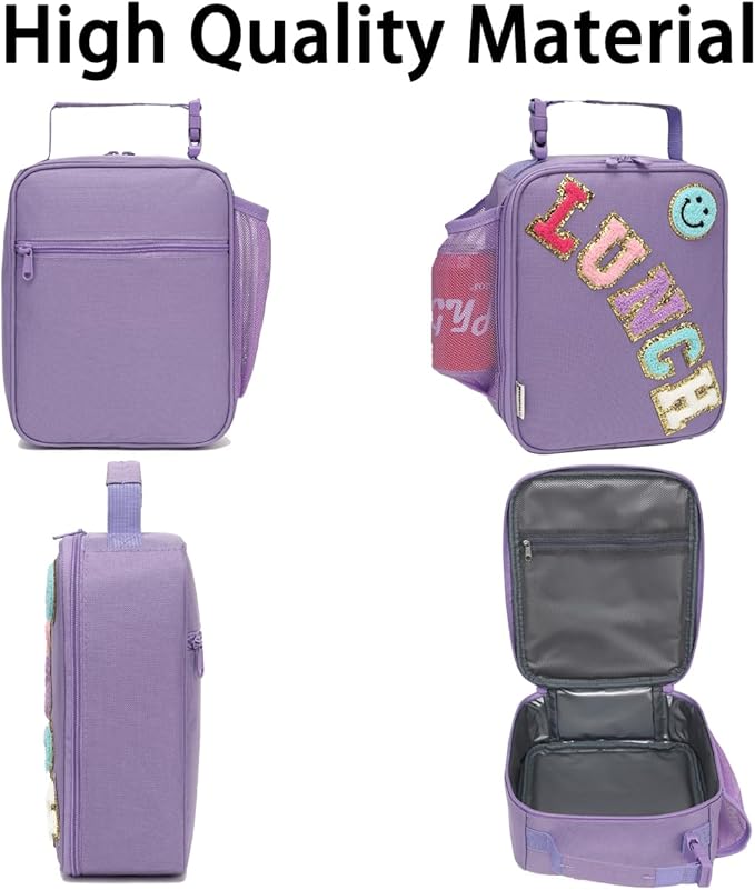 Insulated Lunch Bag for Women Girl Teen large Insulated Kid Lunch Bag,Large Reusable Cute Cooler Bag for School Work Picnic,Purple Alphabet