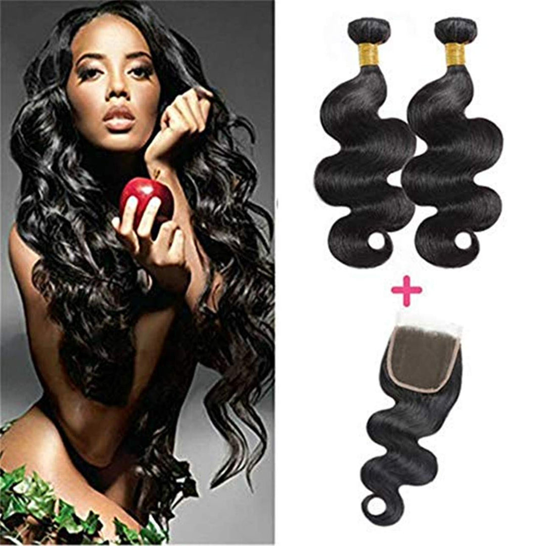 Selina Brazilian Hair Body Wave 2 Bundles With Closure Unprocessed Virgin Human Hair Bundles With Lace Closure 4x4 Free Part Natural Black (10"12" With 8" Closure)