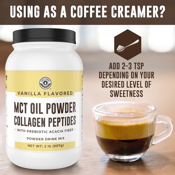 32oz Vanilla Keto MCT Powder + Collagen + Prebiotic Acacia Fibre. MCT Creamer. MCT Oil Powder from Coconuts. MCT Collagen Powder, Grass Fed, Perfect for Keto, 0 Net Carb, Stevia, Erythritol