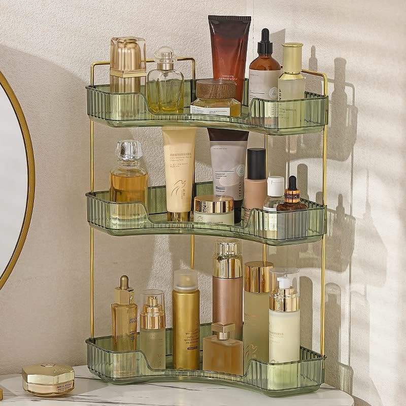 Corner Vanity Organiser - 3 Tier Green Bathroom Counter Shelf for Skincare, Makeup, Toiletries & Lotions