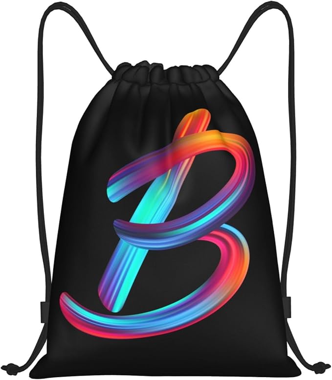 Drawstring Bags Initial Drawstring Backpack Sackpack Black Draw String Cinch Bags for Sports, Gym, Travel, Swimming, Beach, Camping, Rainbow Letter B