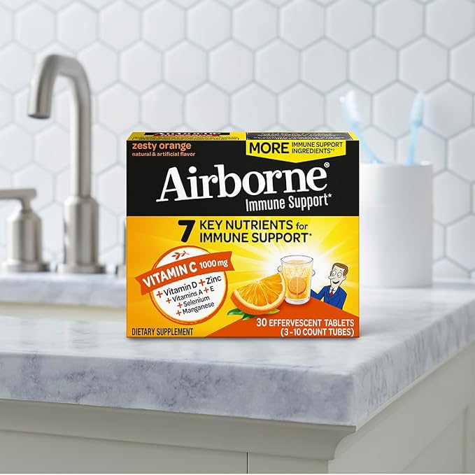 Airborne 1000mg Vitamin C + Zinc Sugar Free Multivitamin Immune Support Effervescent Fizzy Drink Tablets, Zesty Orange Flavor with Powerful Antioxidants Vitamins A C & E, 30 Tablets (2 Pack)