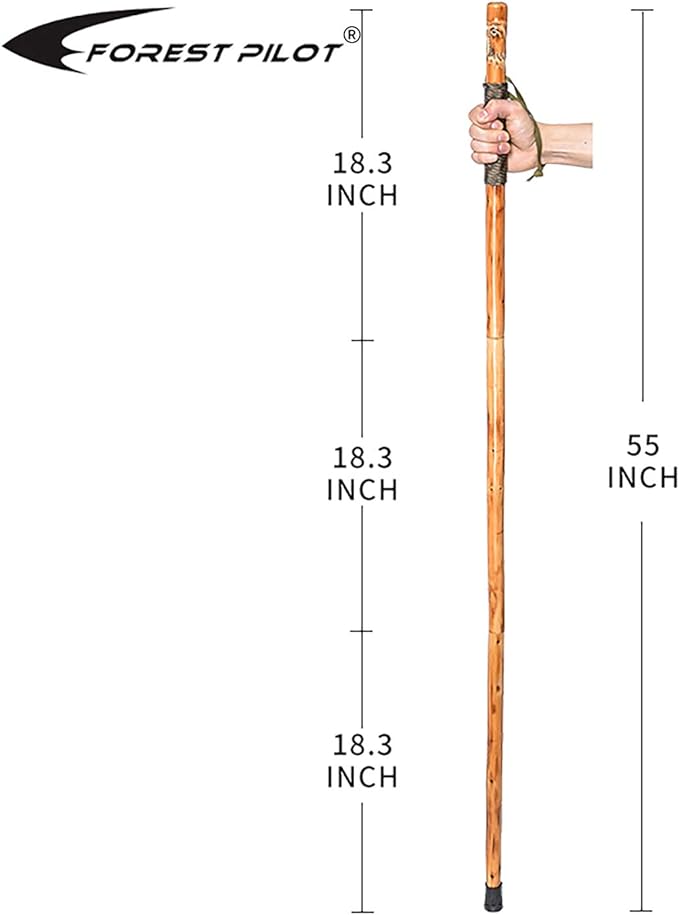 3pc Detachable Fir Wood Walking Stick for Hiking with Compass 55 Inches - with Animal Carving - Soft Hand Strap - Rubber Tip Cover